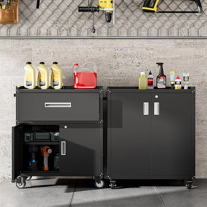 COFaR Heavy-Duty Rolling Storage Cabinet, 2-Door Metal Garage Cabinet with 2 Adjustable Shelves, Lockable Wheels & Locking Doors, 35"H Large Capacity Tool Chest for Workshop, Garage, Warehouse - Black