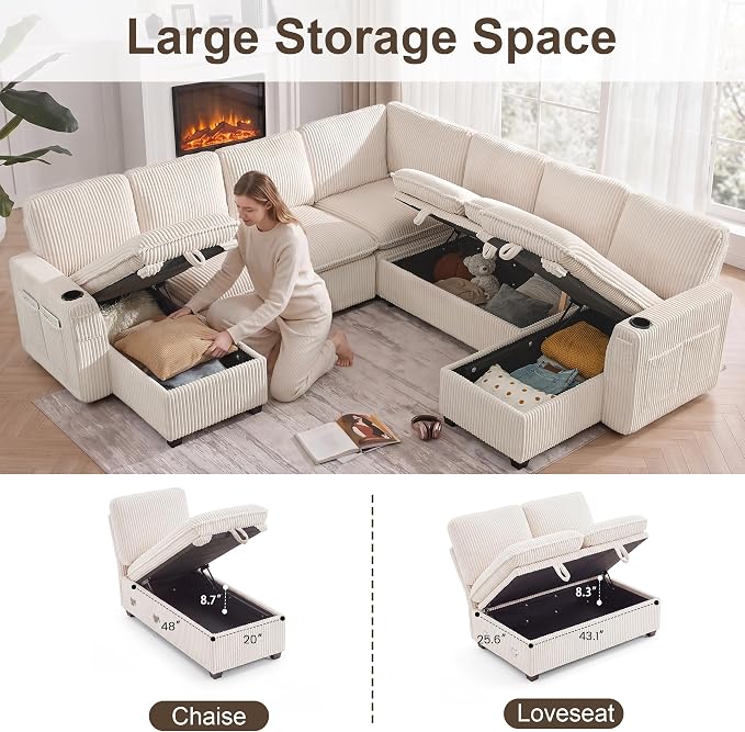 Oversized Sectional Sleeper Sofa with Pull Out Bed, Plush Corduroy 9 Seat Modular Sofa with Storage Chaise and Adjustable Backrest, Cloud Couches for Living Room, Apartment, Beige