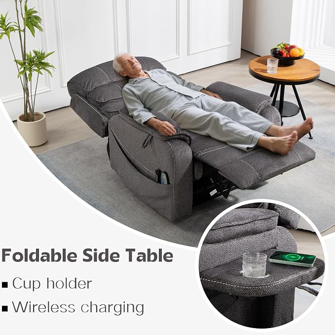 JIKFRIMA Power Lift Recliners Chairs for Elderly Adults Lay Flat Recliner with Heat & Massage, Wireless Charging Device, USB Ports, Cup Holder, Lumbar Pillow, 400Lbs（Grainy Fibric,Grey）