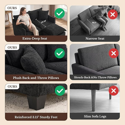 Loveseat Sofa with Ottoman, Cloud 3-Layer Cushion, 27" Deep Seat Love Seat Small Couch with 2 Pillows for Small Spaces, Bedroom, Apartment, Office, Living Room, in a Box, 50-Inch Black