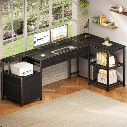 Korfile 65 Inch L Shaped Computer Desk with Power Outlets, Reversible Home Office Desk with 4 Fabric Drawers & 2 Adjustable Mesh Shelves, Corner Study Work Desk with Larger Storage, Black