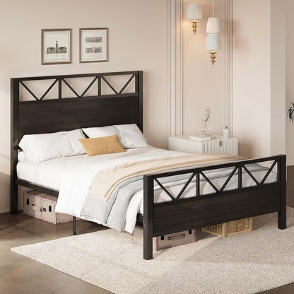 LIKIMIO Queen Bed Frame, Tall Industrial Headboard 51.2 ", Platform Bed Frame with Strong Metal Support, Solid and Stable, Noise Free, No Box Spring Needed, Easy Assembly, Black