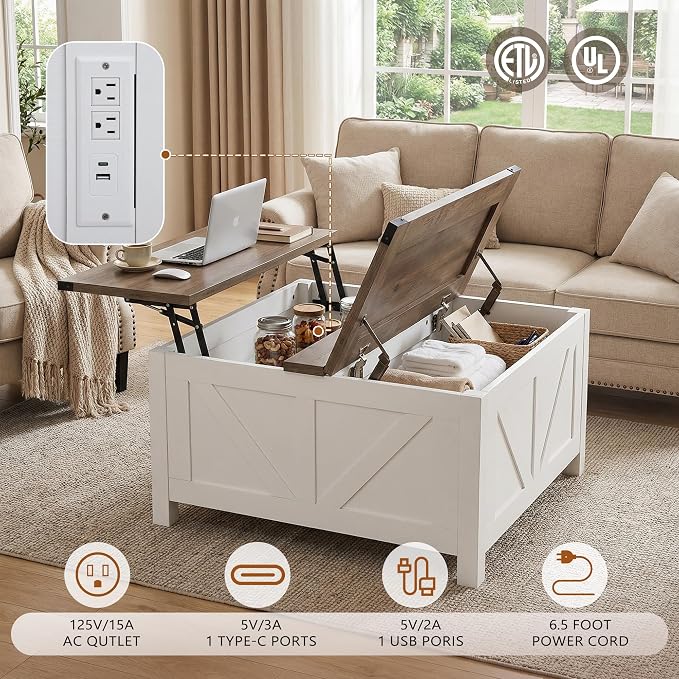 35” Farmhouse Coffee Table with Large Storage, Rustic Wood Lift Top Coffee Table for Living Room, Square Center Table with Charging Station&USB, Modern Port Pottery Barn Lift top Table