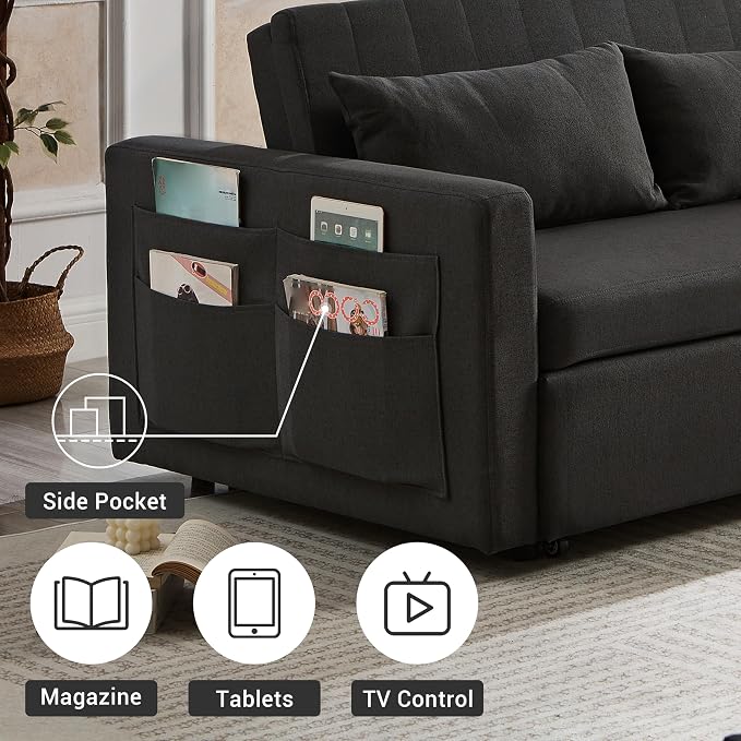 55.5" Fabric Convertible Sofa Bed, Pull Out Sleeper Sofa Bed, Loveseat Couch with Side Pocket, 3 in 1 Convertible Sleeper Sofa Bed for Living Room, Apartment, Bedroom, RV, Black