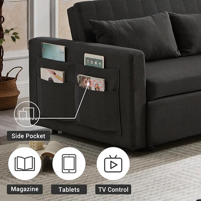55.5" Fabric Convertible Sofa Bed, Pull Out Sleeper Sofa Bed, Loveseat Couch with Side Pocket, 3 in 1 Convertible Sleeper Sofa Bed for Living Room, Apartment, Bedroom, RV, Black