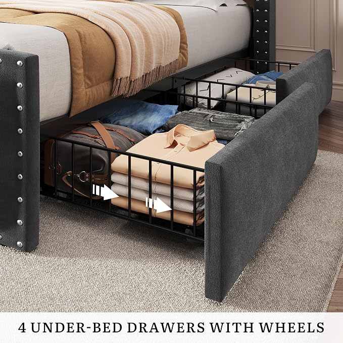 DWVO Queen Size Bed Frame with 4 Storage Drawers and RGB LED Lights, Velvet Upholstered Platform Bed with Charging Station and Bookcase Storage Headboard, No Box Spring Needed, Easy Assembly, Grey
