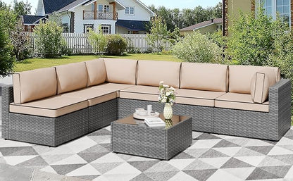 Shintenchi 7 Pieces Outdoor Patio Furniture Sets, Patio Sectional Sofa Couch, Gray PE Wicker Furniture Modular Patio Conversation Sets Patio Sofa with Washable Cushions, Gray/Khaki