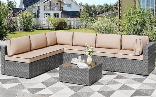 Shintenchi 7 Pieces Outdoor Patio Furniture Sets, Patio Sectional Sofa Couch, Gray PE Wicker Furniture Modular Patio Conversation Sets Patio Sofa with Washable Cushions, Gray/Khaki