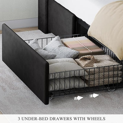 YITAHOME Queen Size Bed Frame with 3 Storage Drawers and RGB LED Lights, Velvet Upholstered Bed with Charging Station and Storage Headboard, No Box Spring Needed, Easy Assembly, Noise-Free, Black