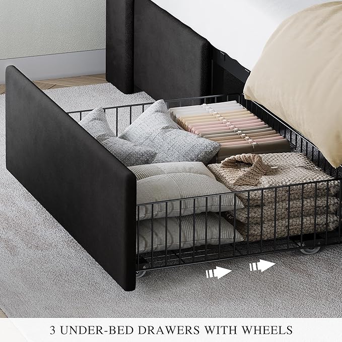 YITAHOME Queen Size Bed Frame with 3 Storage Drawers and RGB LED Lights, Velvet Upholstered Bed with Charging Station and Storage Headboard, No Box Spring Needed, Noise-Free, Cool Black