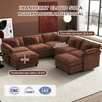 Ihanherry 114" V-Shaped Modern Sofa Modular Sectional Luxurious and Comfortable with 2 Ottoman, 7-Seat Chenille Deep Seat Sofa with Corner Section for Living Room, Bedroom and Apartment, Brick Red