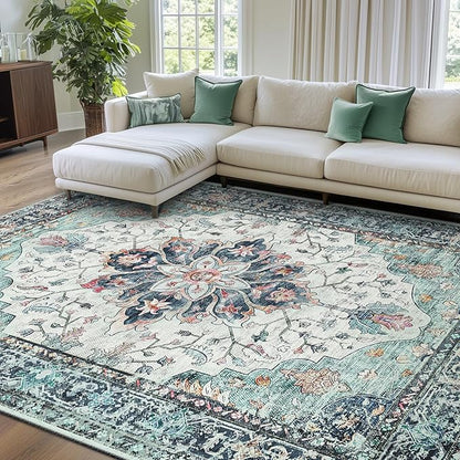 RELEANY Area Rugs 7'x10' Washable Non-Slip, Floral Vintage Distress Medallion Carpet for Living Room Bedroom Dining Room, Beige Carbon Grey Orange