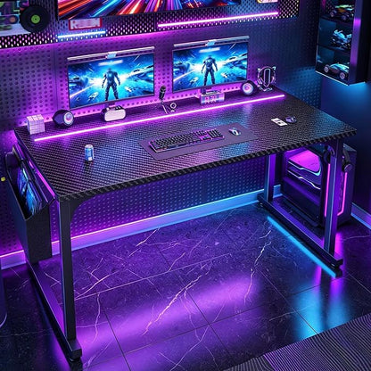 DurayLoly 40" Gaming Desk with Waterproof LED Lights, Carbon Fiber Desktop for Small Spaces | Home Office Study Computer Desk with Storage Bag & Headphone Hook, Black