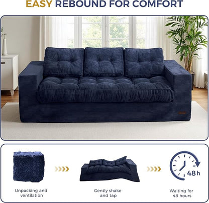 MAXYOYO Oversized Loveseat Sofa Couch, Upholstered Bean Bag Chair Cloud 3-Seat for Adults, Boneless Couch with Tufted Cushion & Pillows, Sofa in A Box, No Assembly Required, Navy