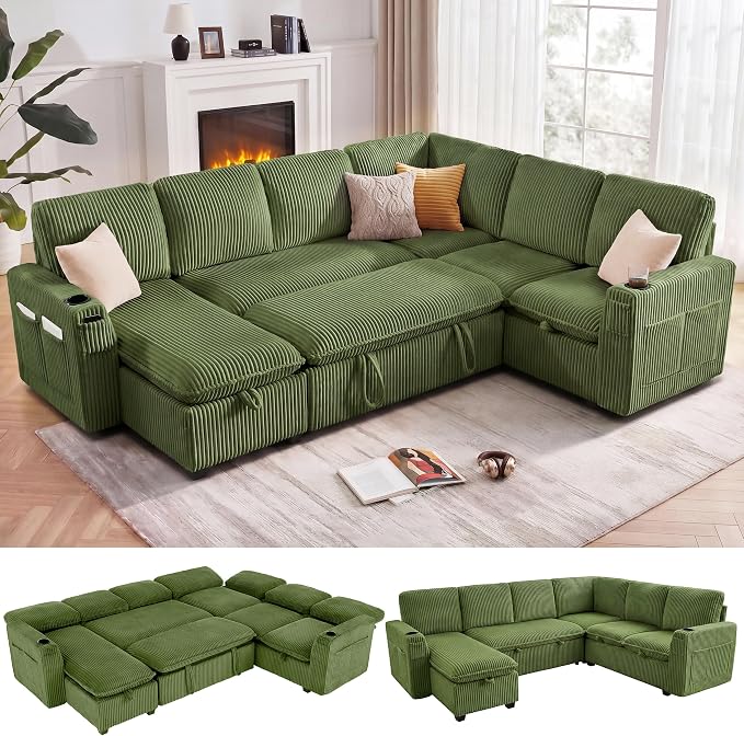 Sectional Sleeper Sofa with Pull Out Bed, Plush Corduroy 7 Seat Modular Sectional Sofa with Storage Chaise and Adjustable Backrest, Cloud Couches for Living Room, Apartment, Green