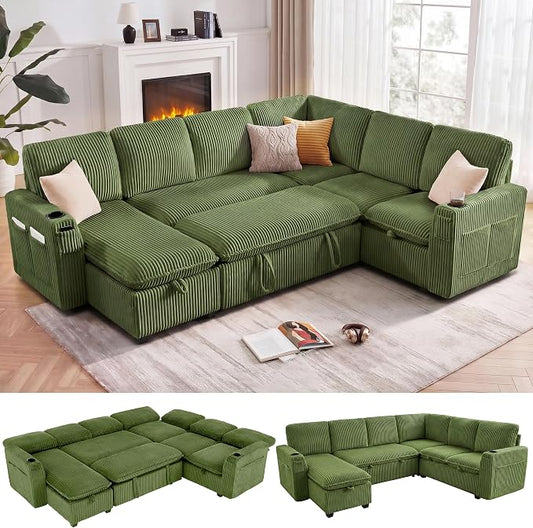 Sectional Sleeper Sofa with Pull Out Bed, Plush Corduroy 7 Seat Modular Sectional Sofa with Storage Chaise and Adjustable Backrest, Cloud Couches for Living Room, Apartment, Green