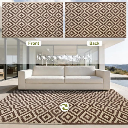 SAND MINE Reversible Mats, Plastic Straw Rug, Modern Area Rug, Large Floor Mat and Rug for Outdoors, RV, Patio, Backyard, Deck, Picnic, Beach, Trailer, Camping (5' x 8', Brown & Beige)