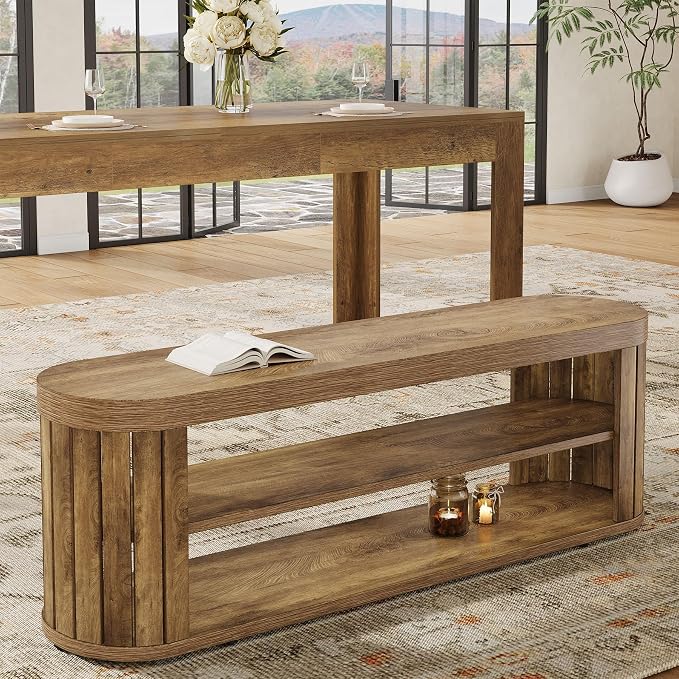 Tribesigns 47.2" Wooden Entryway Bench with 2-Tier Shoe Storage, Farmhouse Dining Bench with Adjustable Foot Pads, End of Bed Stool for Bedroom, Hallway, Living Room, Dining Room, Light Brown