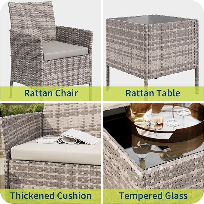 GAOMON 3-Piece Patio Furniture Set, Modern PE Rattan Conversation Set with 2 Chairs & Tempered Glass Coffee Table, All-Weather Outdoor Seating for Garden, Porch, Balcony, Poolside, Grey/Light Grey