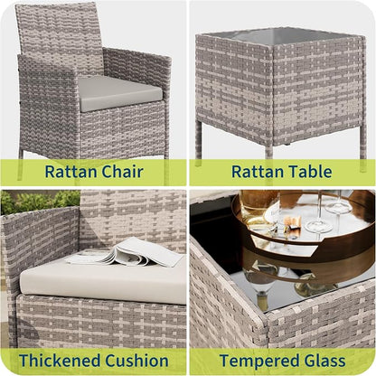 GAOMON 3-Piece Patio Furniture Set, Modern PE Rattan Conversation Set with 2 Chairs & Tempered Glass Coffee Table, All-Weather Outdoor Seating for Garden, Porch, Balcony, Poolside, Grey/Light Grey