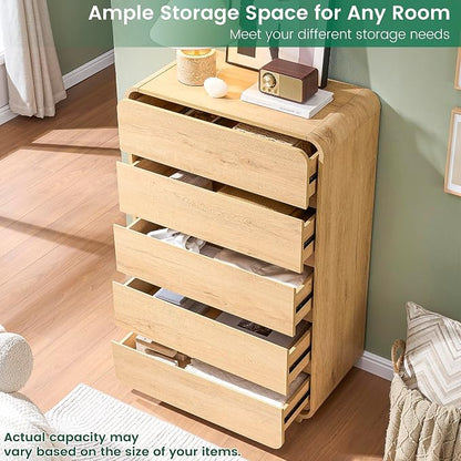 Standifurno Natural 5 Drawer Dresser, Modern Dresser with Storage, Chest Drawers with Wood Grain Texture, Drawers Organizer for Bedroom, Living Room, Hallway.