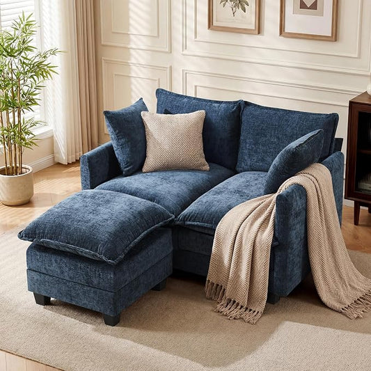 L-Shape Loveseat Sofa Couch with Ottoman, Small 50" Love Seat 27" Deep Cloud Sofa Washable Chenille Pillow for Apartment Bedroom Dorm Attic Studio Office Living Room Small Space 8833-BLUE-L