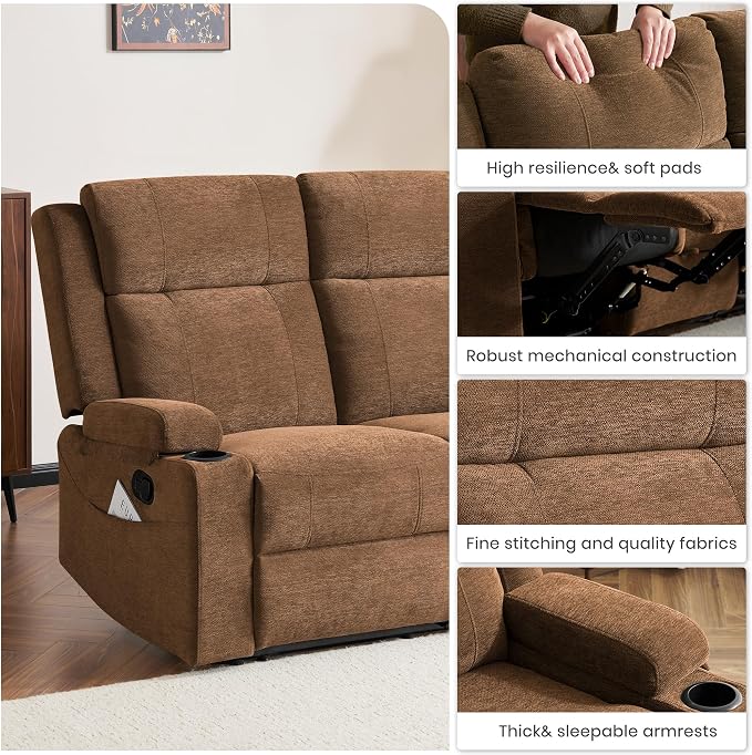 55" RV Loveseat Recliner – Space-Saving Double Reclining RV Sofa, Compact Theater Seating with Cup Holders & Storage Pocket, Brown Chenille Couch for Camper, Motorhome & Home Theater