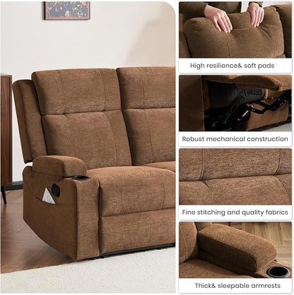 55" RV Loveseat Recliner – Space-Saving Double Reclining RV Sofa, Compact Theater Seating with Cup Holders & Storage Pocket, Brown Chenille Couch for Camper, Motorhome & Home Theater