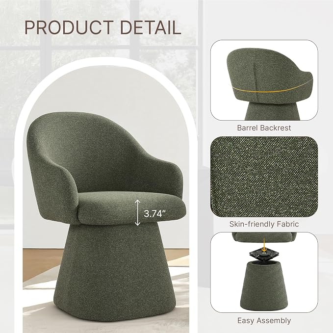 KISLOT Swivel Dining Chairs Set of 1, Upholstered Modern Barrel Dining Chairs with 360° Swivel Base, Chenille Velvet Fabric Accent Kitchen Chairs with Arms, Padded Dining Room Chairs, Green