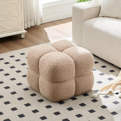 Zesthouse Square Pouf Ottoman Set of 2, Modern Backless Vanity Chair for Bedroom, Tan Fuzzy Foot Rest for Couch, Upholstered Tufted Footstool, Sherpa Fabric Ottoman Coffee Table for Living Room