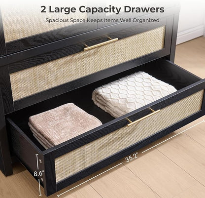SICOTAS Rattan Armoire Wardrobe Closet Cabinet, 71" Wardrobe Storage Cabinet with Doors, 2 Drawers and Hanging Rod, Boho Large-Capacity Deep Armoire Clothes Organizer for Bedroom, Black Oak