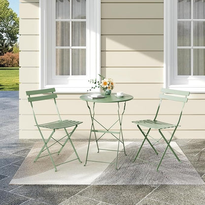 Bistro Table and Chairs Set of 2, 3 Piece Outdoor/Indoor Folding Patio Bistro Sets, 2 Chair Patio Furniture Set with Table, Premium Frame Foldable Coffee Tables for Balcony, Yard, Garden, Green
