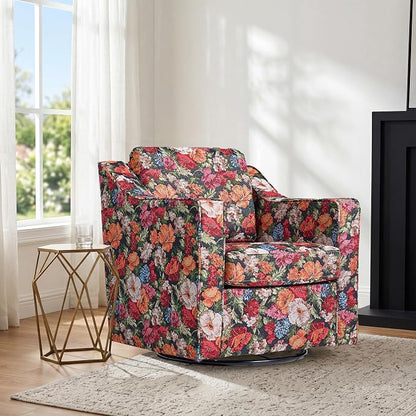 Swivel Accent Chair, Modern Round Barrel Arm Chair for Living Room, Bedroom, Comfy Club Reading Chairs for Adults (Black Floral, Set of 1)