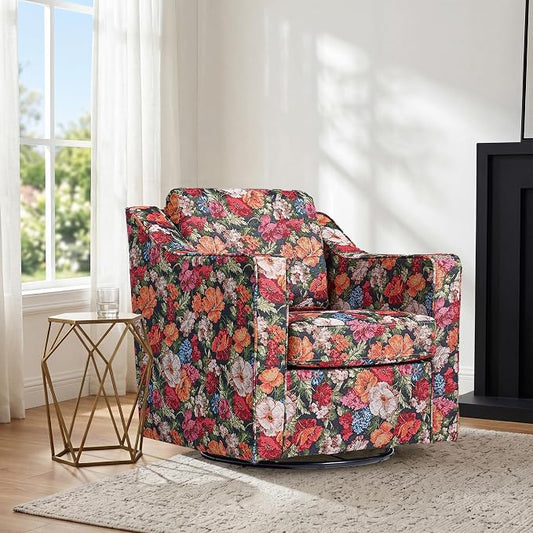 Swivel Accent Chair, Modern Round Barrel Arm Chair for Living Room, Bedroom, Comfy Club Reading Chairs for Adults (Black Floral, Set of 1)