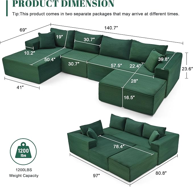 Mangodan 140” Cloud Sectional Couch, Modular Sectional Sofa with Deep Seat, Boneless Sofa for Living Room, Fluffy Comfy U-Shaped Couch with Left Facing Chaise, No Assembly Required, Green