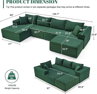 Mangodan 140” Cloud Sectional Couch, Modular Sectional Sofa with Deep Seat, Boneless Sofa for Living Room, Fluffy Comfy U-Shaped Couch with Left Facing Chaise, No Assembly Required, Green