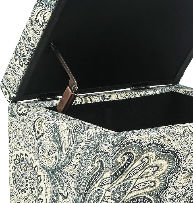 Adeco 18" Cube Storage Ottoman in Blue Paisley, Upholstered Linen Foot Stool & Accent Chair for Entryway, Vanity or Small Spaces