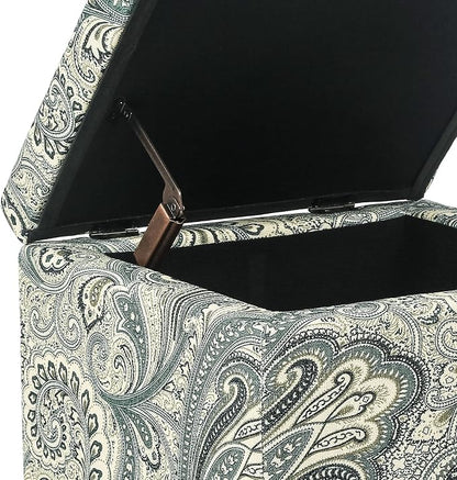 Adeco 18" Cube Storage Ottoman in Blue Paisley, Upholstered Linen Foot Stool & Accent Chair for Entryway, Vanity or Small Spaces