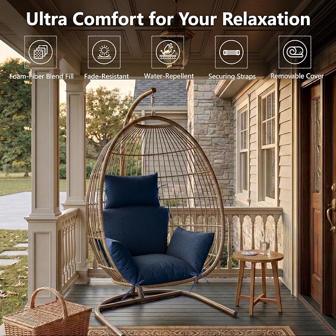 Egg Chair Cushion with 8 Securing Straps, Water-Repellent & Fade-Resistant Faux Linen, Removable Cover, Replacement Cushion for Most Single Outdoor Hanging Swing Egg Chairs – Navy