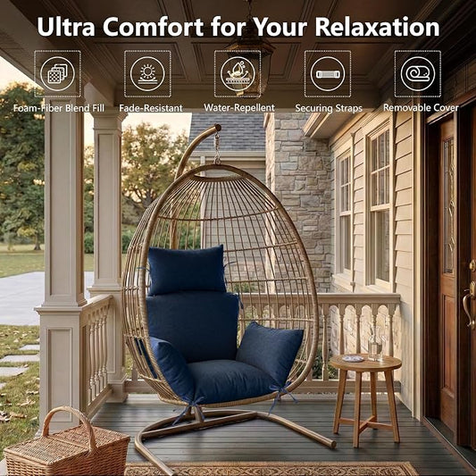 Egg Chair Cushion with 8 Securing Straps, Water-Repellent & Fade-Resistant Faux Linen, Removable Cover, Replacement Cushion for Most Single Outdoor Hanging Swing Egg Chairs – Navy