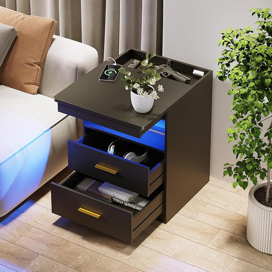 Nightstand Set of 2, Charging Bedside Table with USB & Type-C Port, LED Nightstand with Human Sensor Light, Modern End Table with Gun Drawers for Bedroom Office, Black