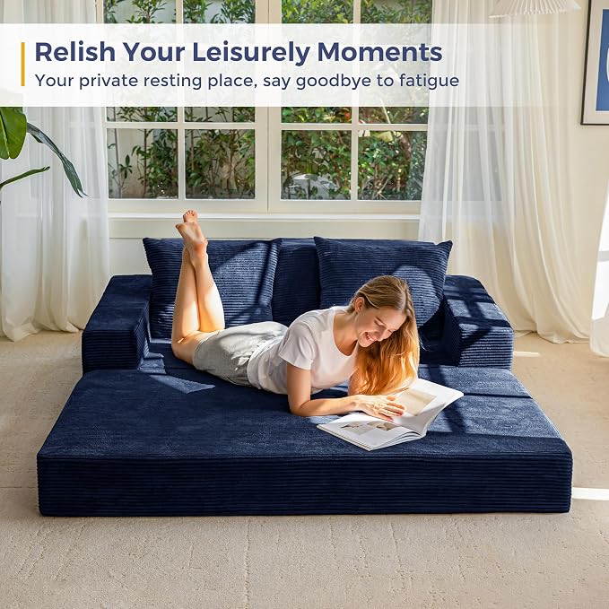 MAXYOYO Loveseat Sofa Bed, 64" Foldable Floor Sofa Couch in A Box with 2 Cup Holders, 4 in 1 Convertible Boneless Couch Folding Recliner Chair for Living Room, No Assembly Required, Navy