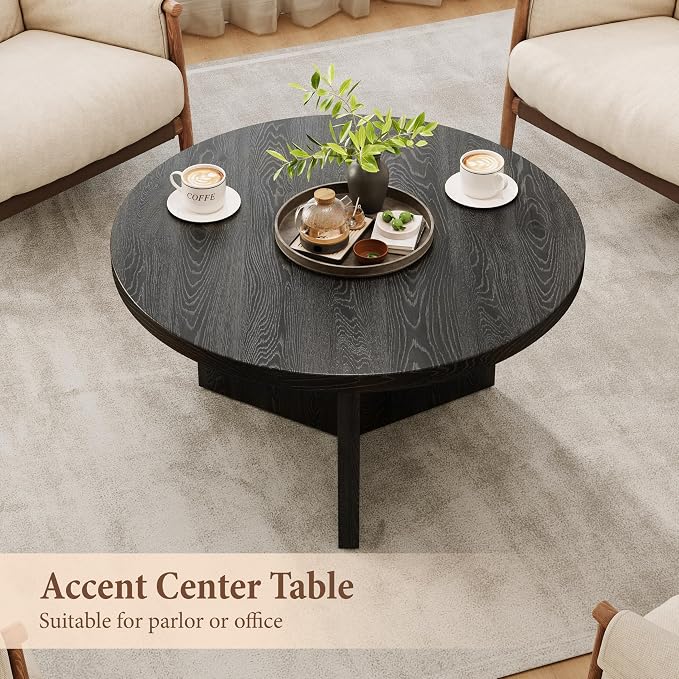 Luoxiao Round Coffee Table, 27.5" Modern Black Living Room Center Tables | Space-saving, Triangle Base w/ Anti Slip Feet for Stability, Circular Accent Table for Small Spaces, Apartment, Easy Assembly