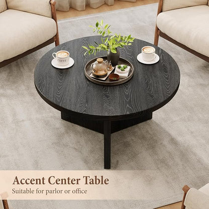 Luoxiao Round Coffee Table, 27.5" Modern Black Living Room Center Tables | Space-saving, Triangle Base w/ Anti Slip Feet for Stability, Circular Accent Table for Small Spaces, Apartment, Easy Assembly