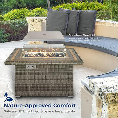 SereneLife Outdoor Propane Fire Pit Table, 50,000 BTU Wicker Gas Firepit with Tile Tabletop, with Glass Wind Guard and Decorative Glass Stones, CSA Certified, Weatherproof Cover, 43"x27"x25"