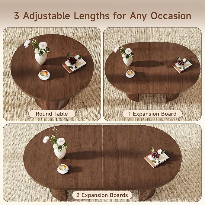 ONBRILL 41-78 Inch Extendable Dining Table for 4-8, Fluted Expandable Kitchen Table with Storage, 2 Leaf, Mid Century Modern Oval Dinner Tables for Dining Room, Kitchen, Living Room, Walnut