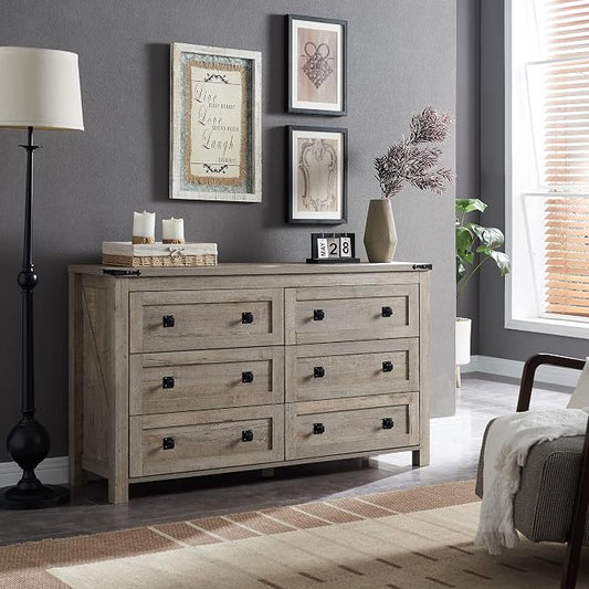 T4TREAM 54" Wide Farmhouse 6-Drawer Dresser for Bedroom, Light Rustic Oak | Rustic, Wood Storage Cabinet, Metal Handle, Unique Corner Accent, Bedroom, Living Room, Hallway
