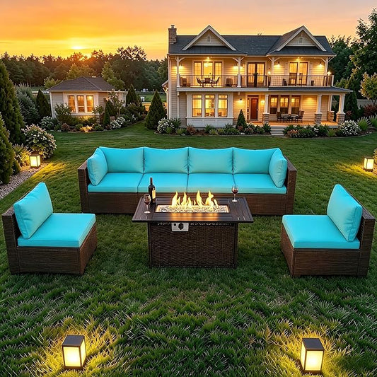 LAFWELL 8-Piece Wicker Patio Conversation Set with 44" Propane Fire Pit Table, Cozy Outdoor Sectional Sofa for Backyard Gatherings, Poolside Lounging & Garden Parties