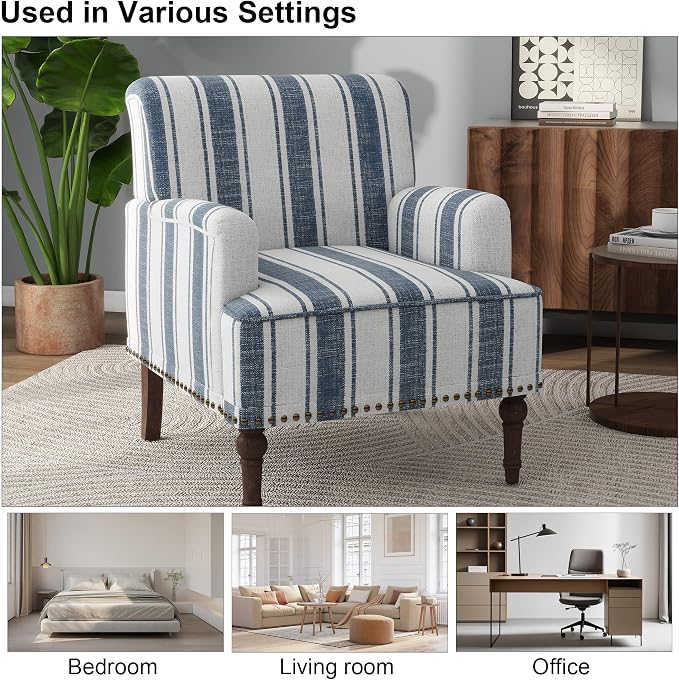 Accent Chair, Mid Century Modern Comfy Armchair for Living Room, Linen Fabric Single Sofa Lounge for Reading Bedroom Apartment Waiting Room with Wood Legs (Dark Blue Stripe, Set of 1)