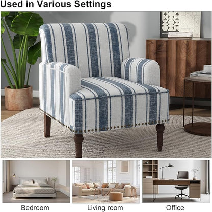 Accent Chair, Mid Century Modern Comfy Armchair for Living Room, Linen Fabric Single Sofa Lounge for Reading Bedroom Apartment Waiting Room with Wood Legs (Dark Blue Stripe, Set of 2)